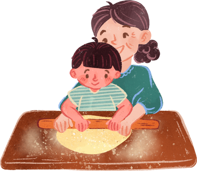 Storybook Style Grandmother and Grandson Making Dumplings